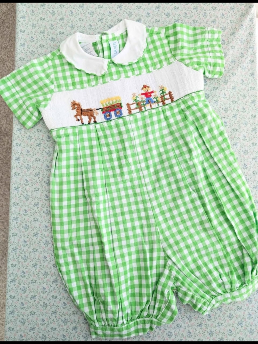 12 Mos Green Gingham Smocked Boys Fall Scarecrow Romper